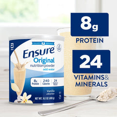 Scoop of vanilla protein powder with measuring scoop