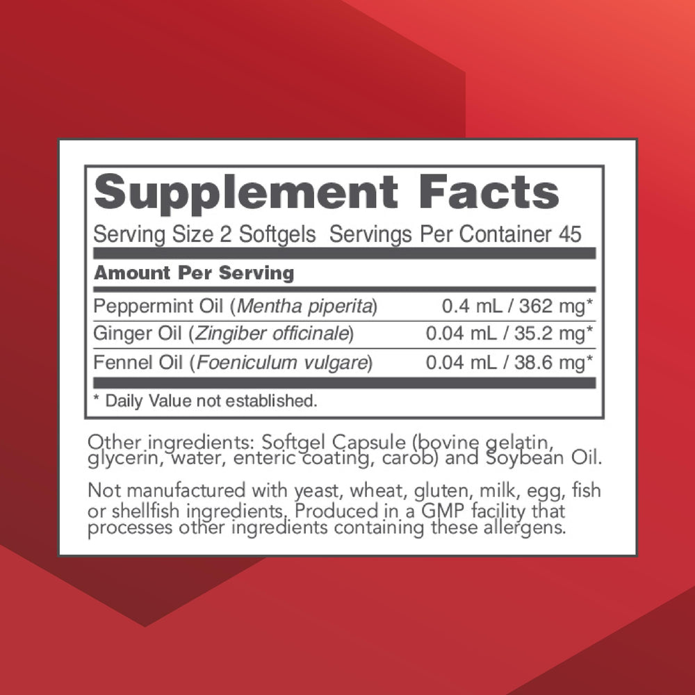 Enteric-coated peppermint, ginger oil and fennel oil blend label