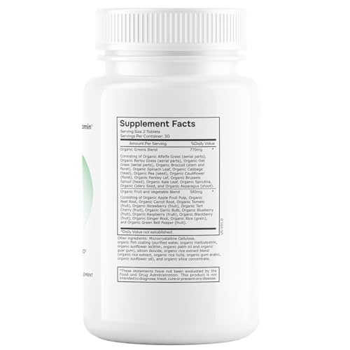 Close-up of Organic 42 Fruit And Vegetable Blend ingredients label