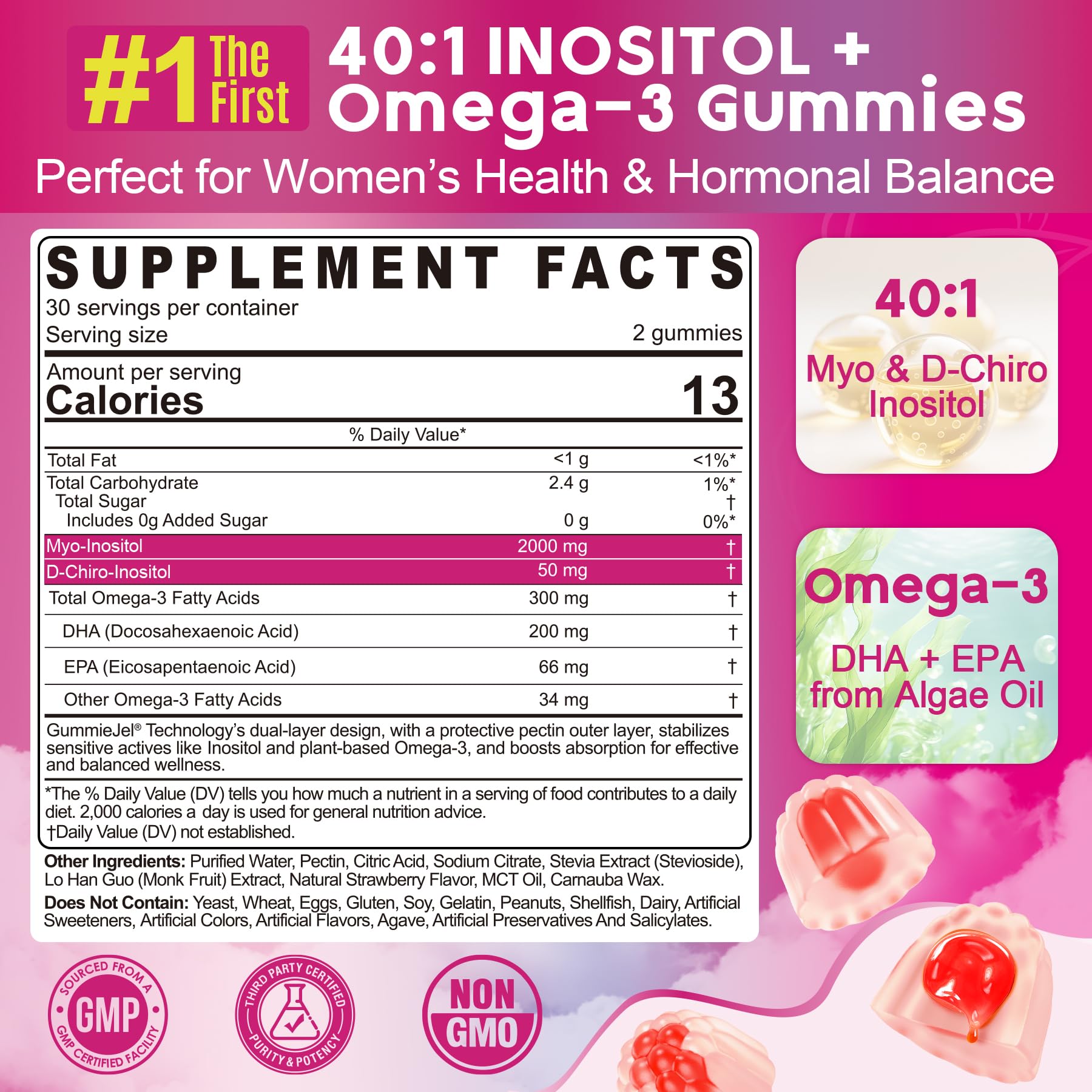 Back view of EnvyCure Inositol + Omega-3 Gummies bottle with supplement facts