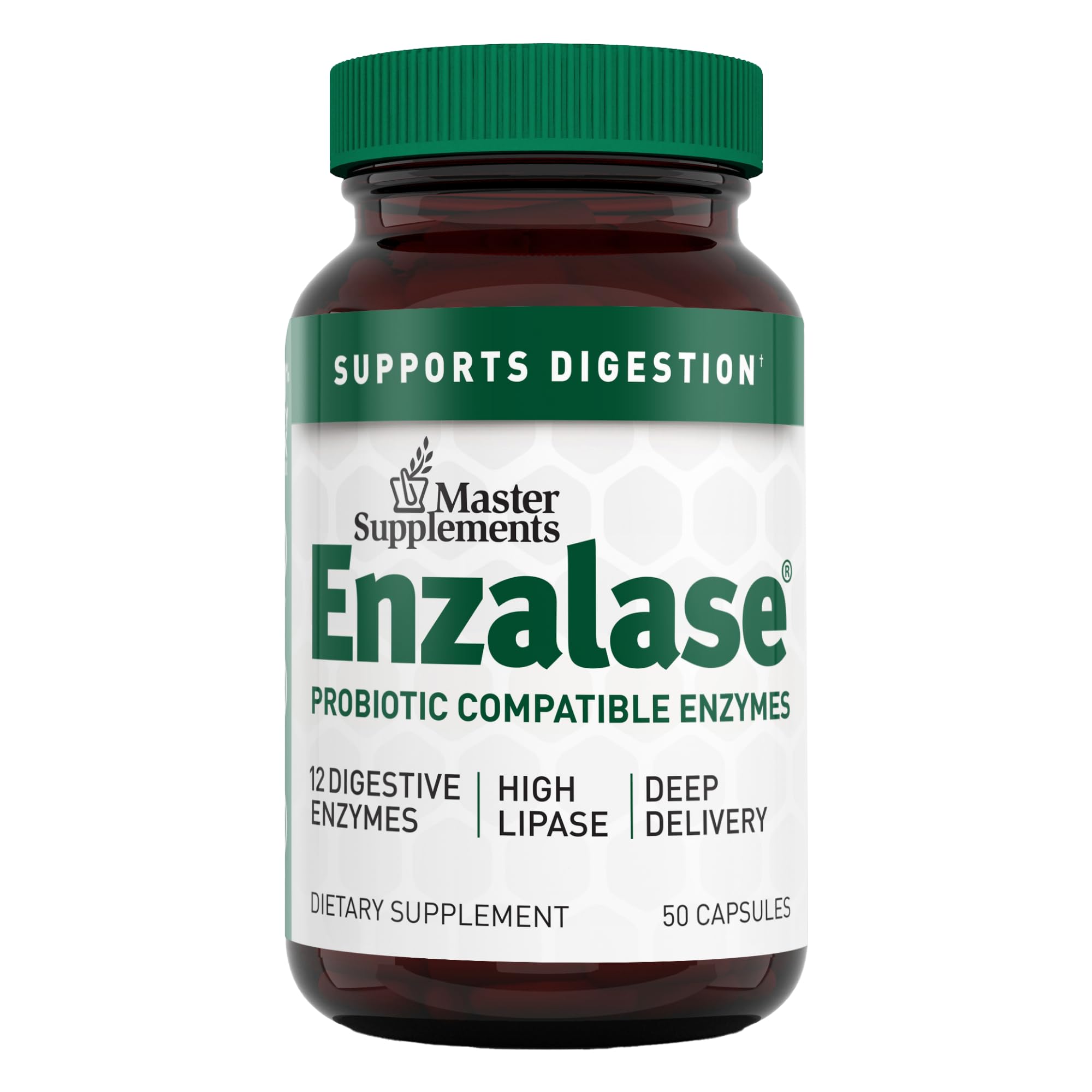 Enzalase bottle label showing 50 capsules