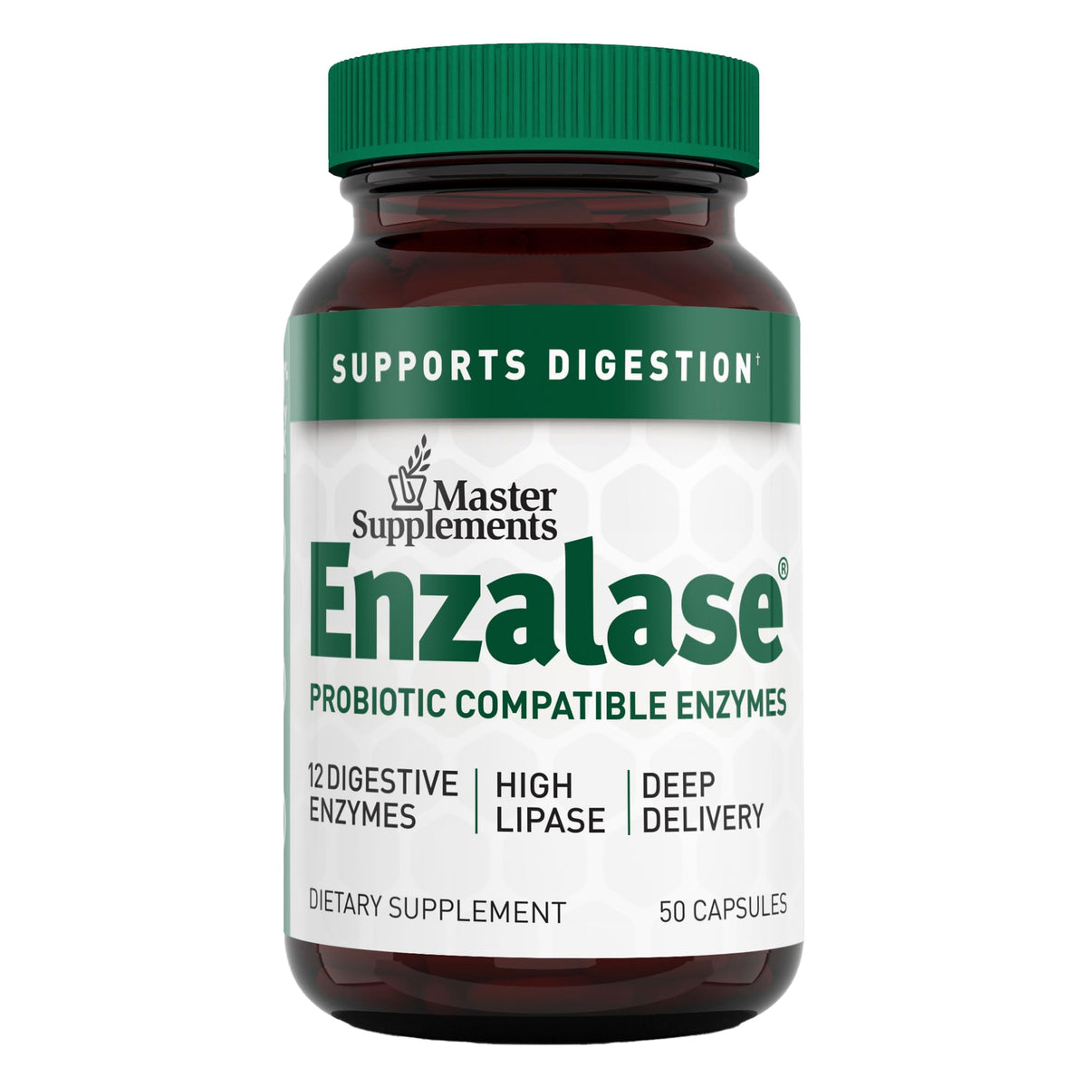Enzalase bottle label showing 50 capsules