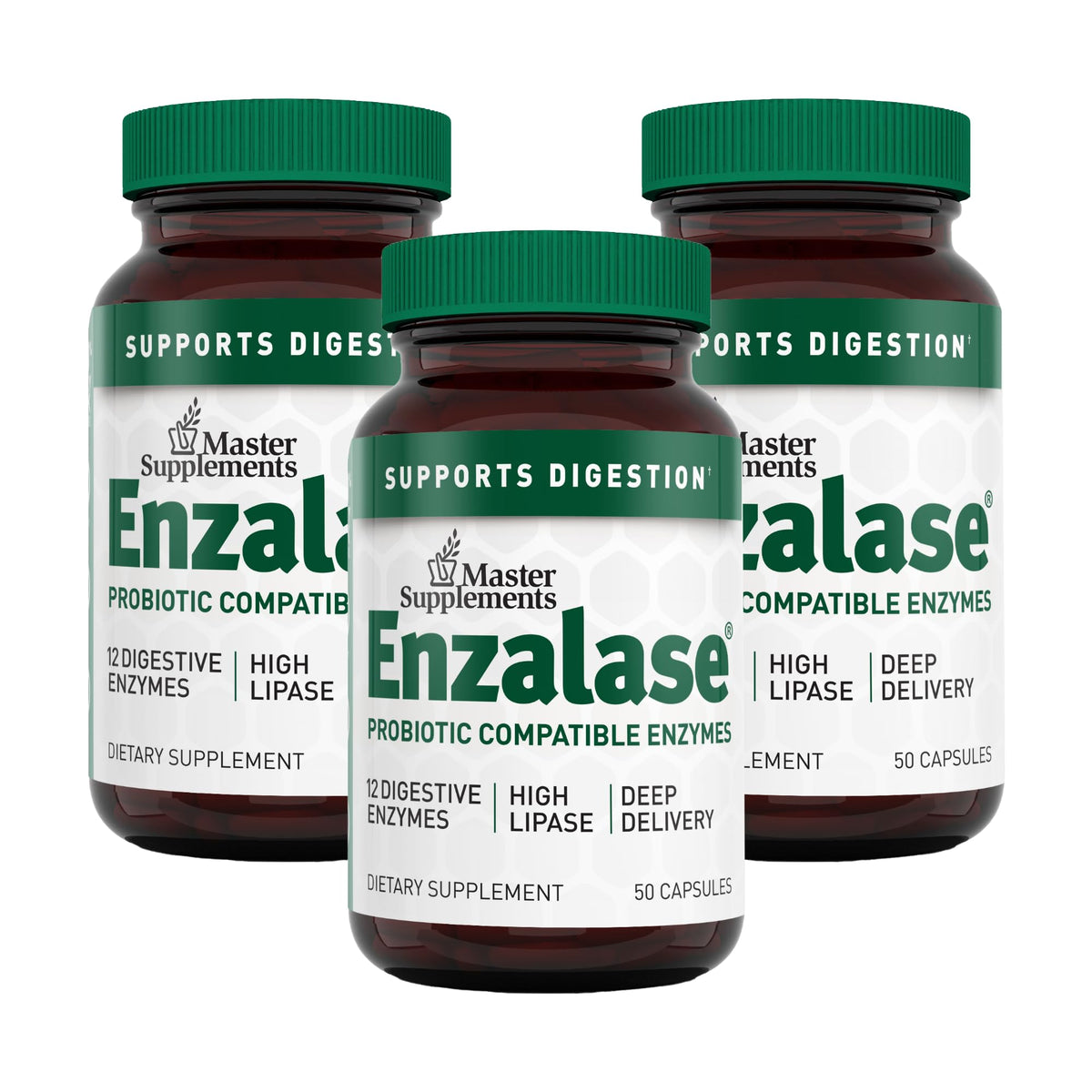Enzalase bottle label showing 50 capsules per bottle