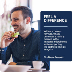 Close-up of GI + Biome Complex ingredients: prebiotic fiber, lipase, Livaux golden kiwi and PepZinGI zinc carnosine