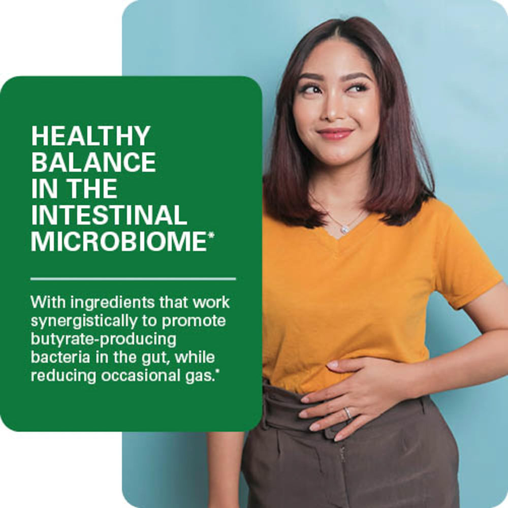 Graphic showing gut health benefits: balanced microbiome, butyrate production and healthy motility