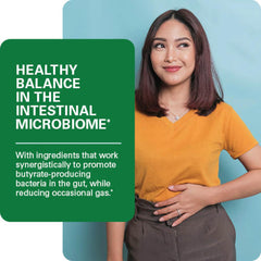 Graphic showing gut health benefits: balanced microbiome, butyrate production and healthy motility