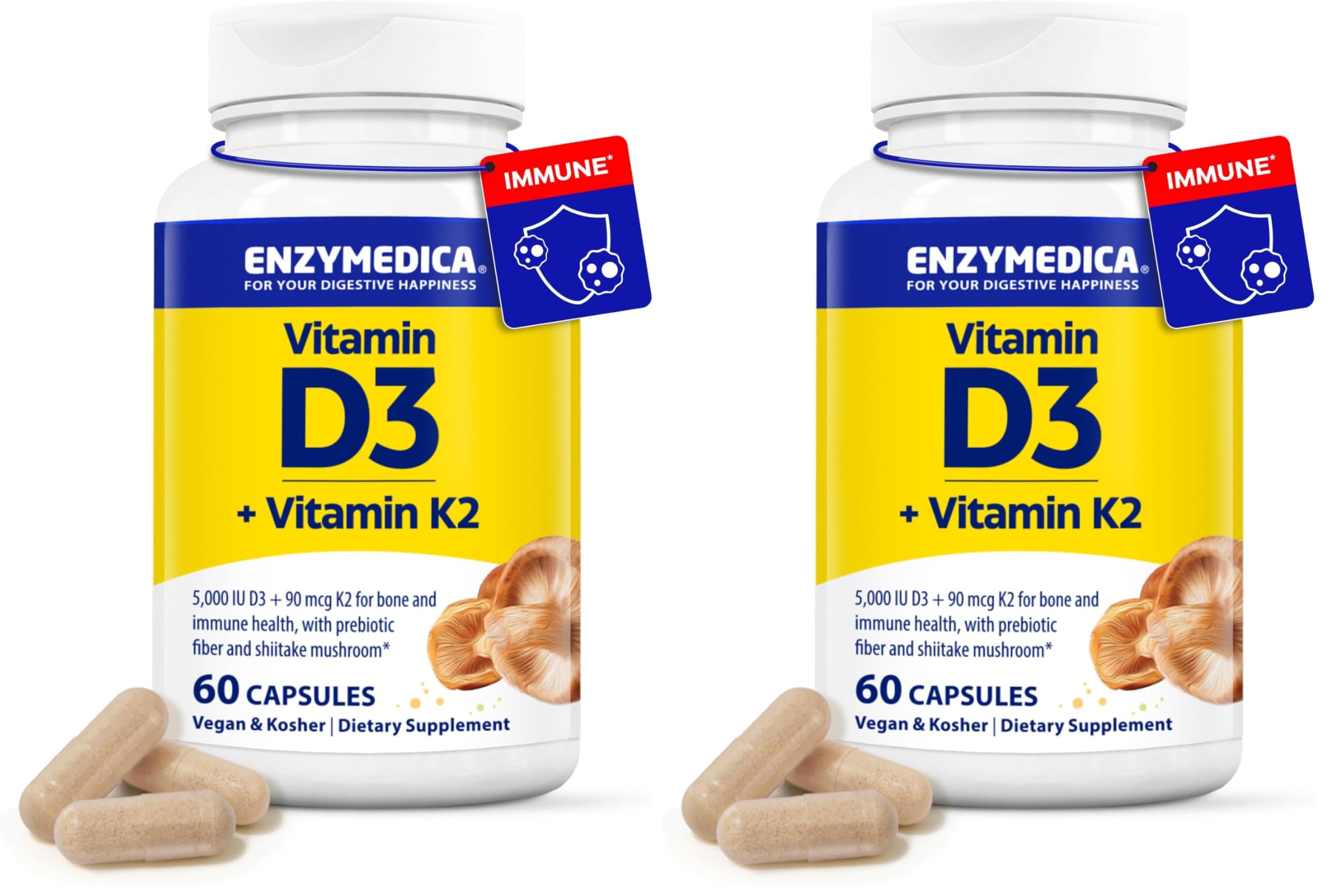 Enzymedica D3+K2 bottle label showing 5,000 IU D3 and 90 mcg K2 MK-7