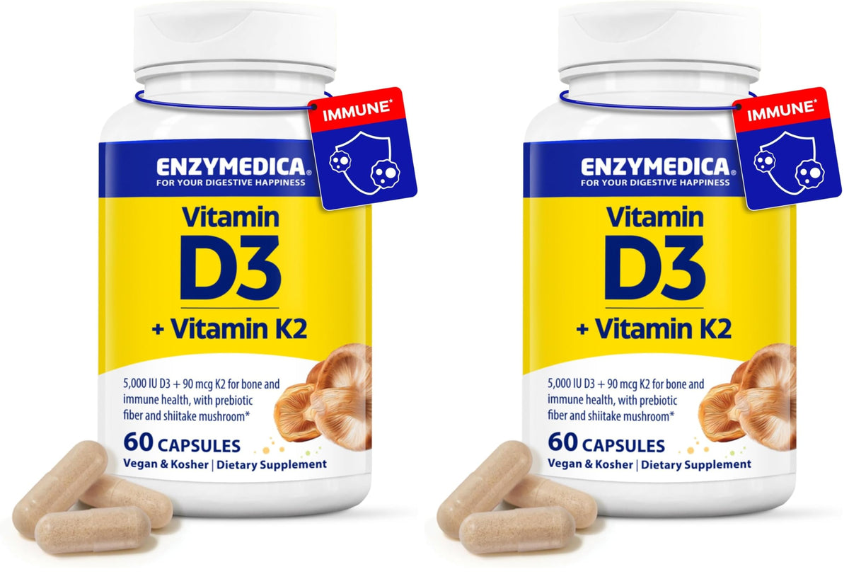 Enzymedica D3+K2 bottle label showing 5,000 IU D3 and 90 mcg K2 MK-7