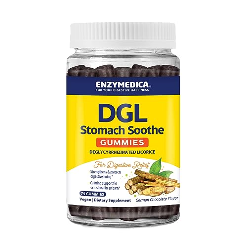 Front view of Enzymedica DGL Stomach Soothe bottle with chocolate gummies