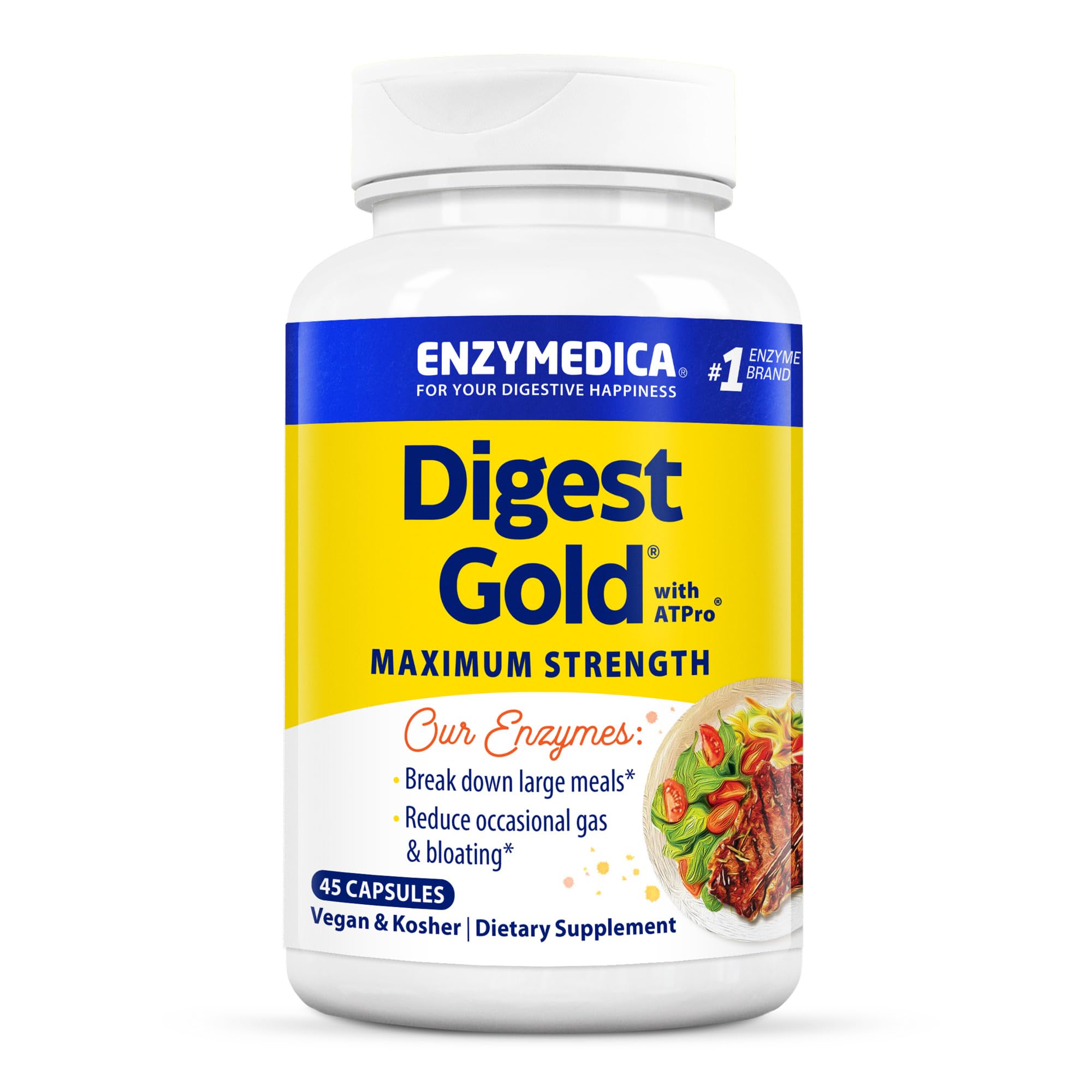 Enzymedica Digest Gold bottle front showing full-strength enzymes for post-meal comfort