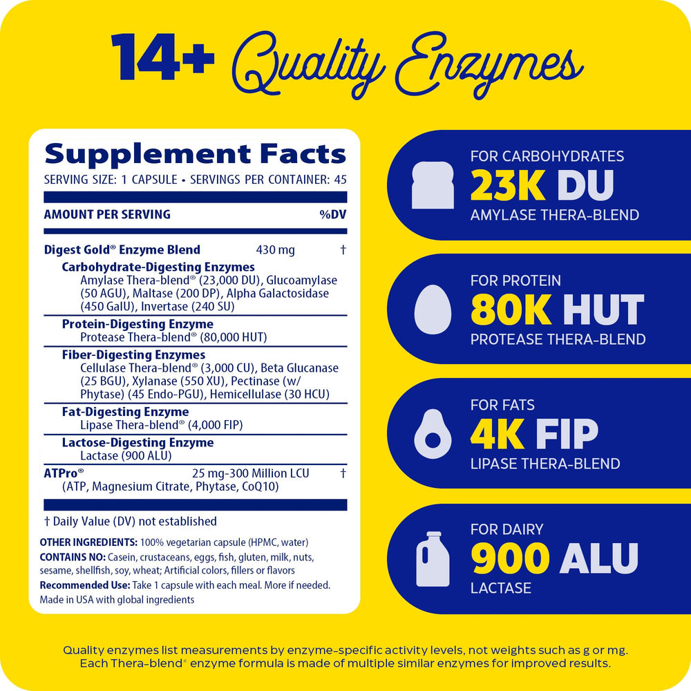 Enzymedica Digest Gold bottle label highlights gluten-free and vegan formula