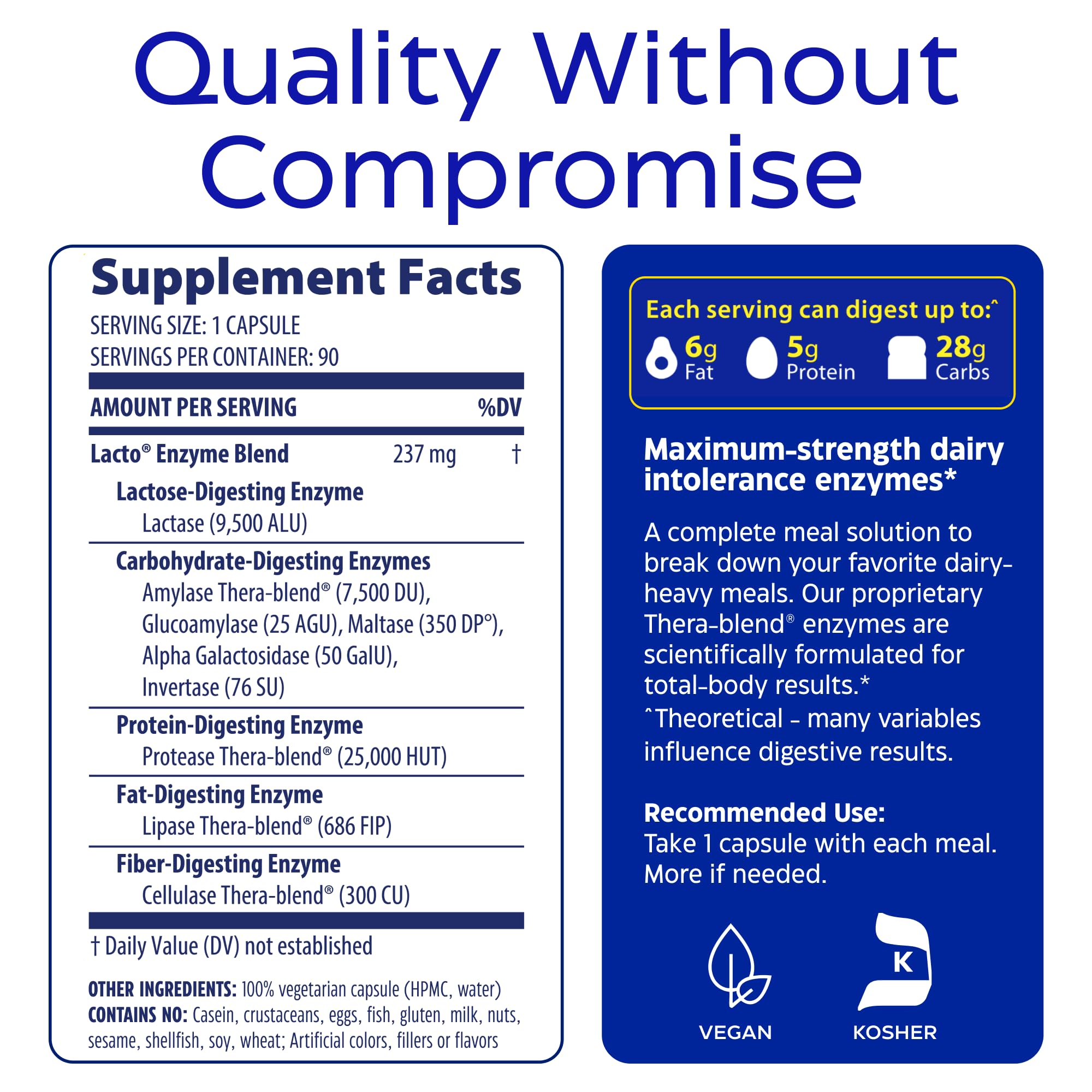 Ingredient label highlighting dairy relief enzymes