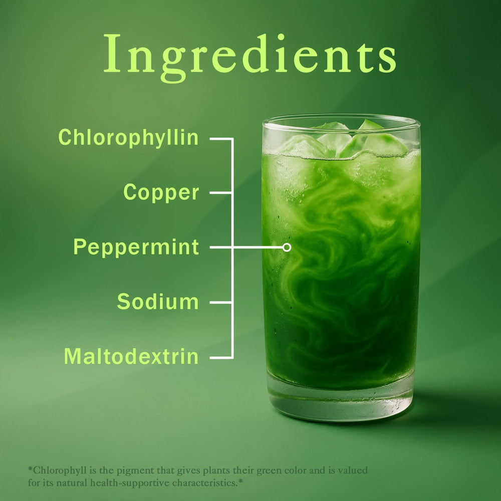 Close-up of the green chlorophyllin powder and ingredients blend