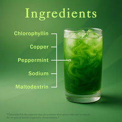 Close-up of the green chlorophyllin powder and ingredients blend