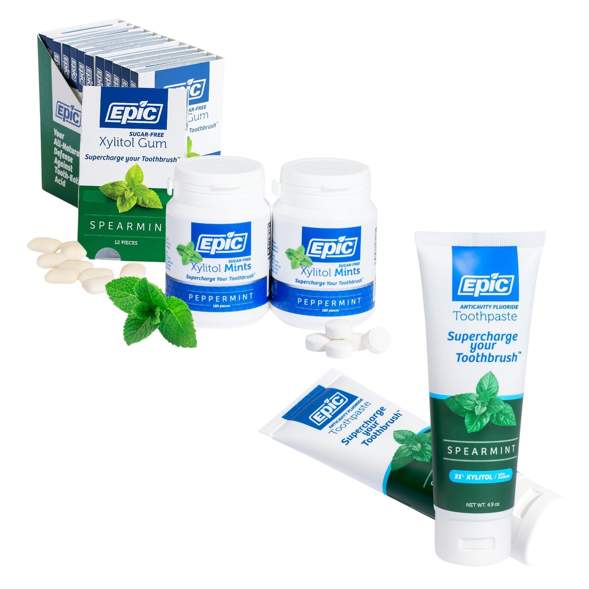 Epic Dental Sugar Free Oral Care Set bundle showcasing gum, mints, and toothpaste