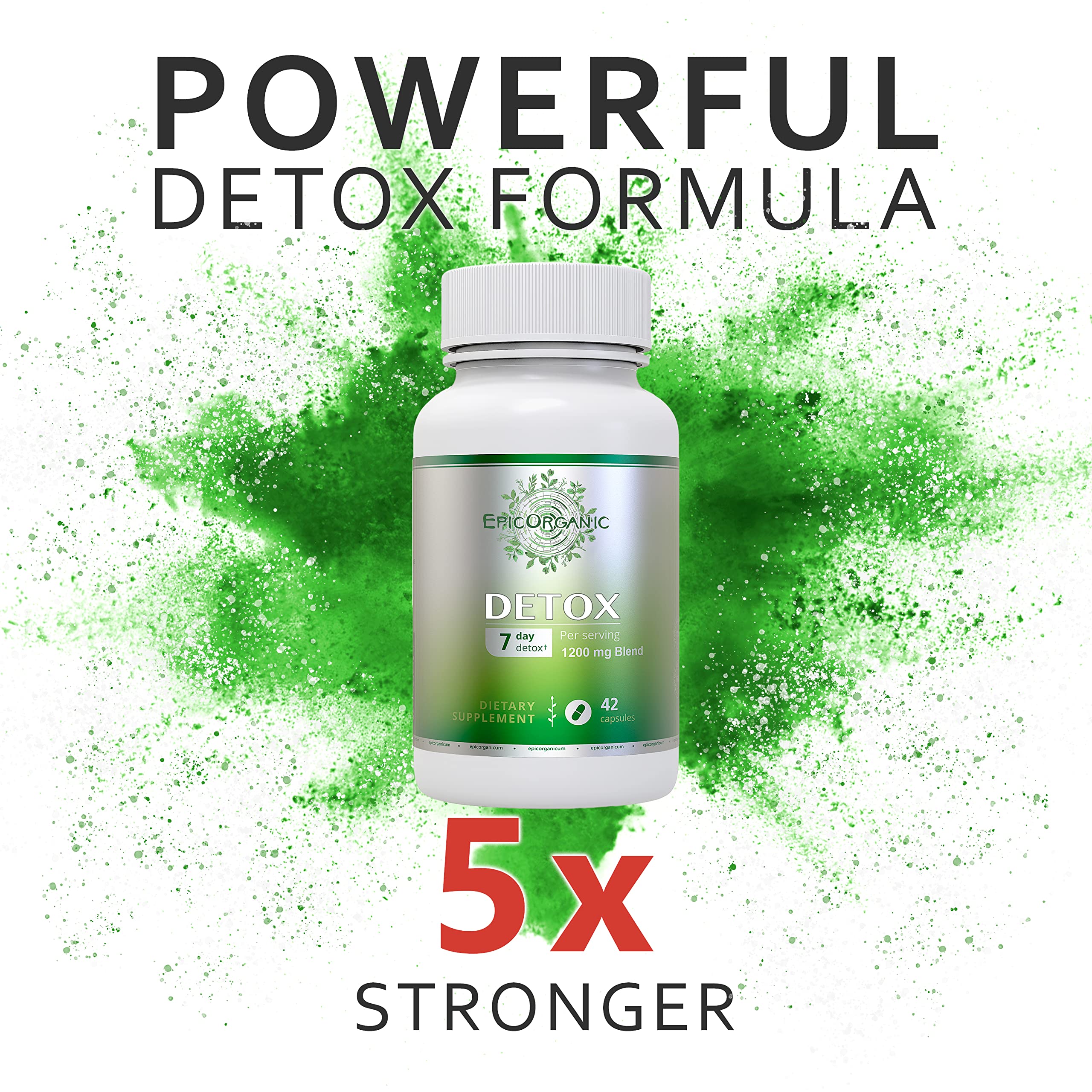 Epic Organicum detox capsules closeup showing easy to swallow capsules for daily use