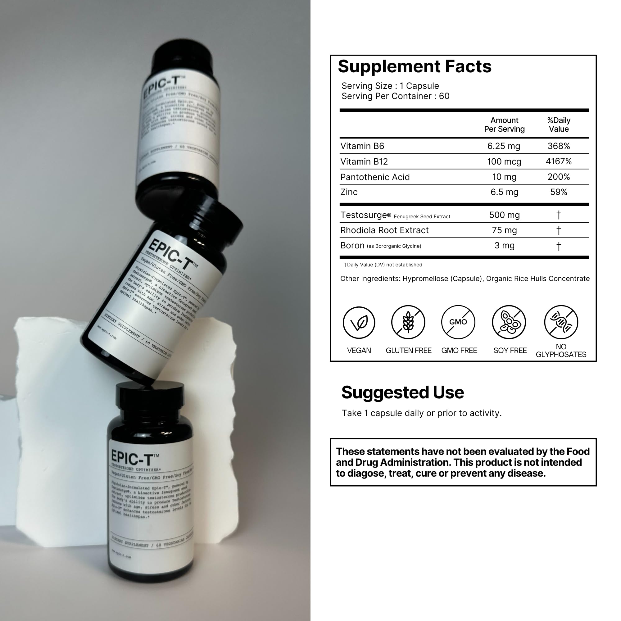 EPIC-T daily routine setup demonstrates vegan, non-GMO wellness support