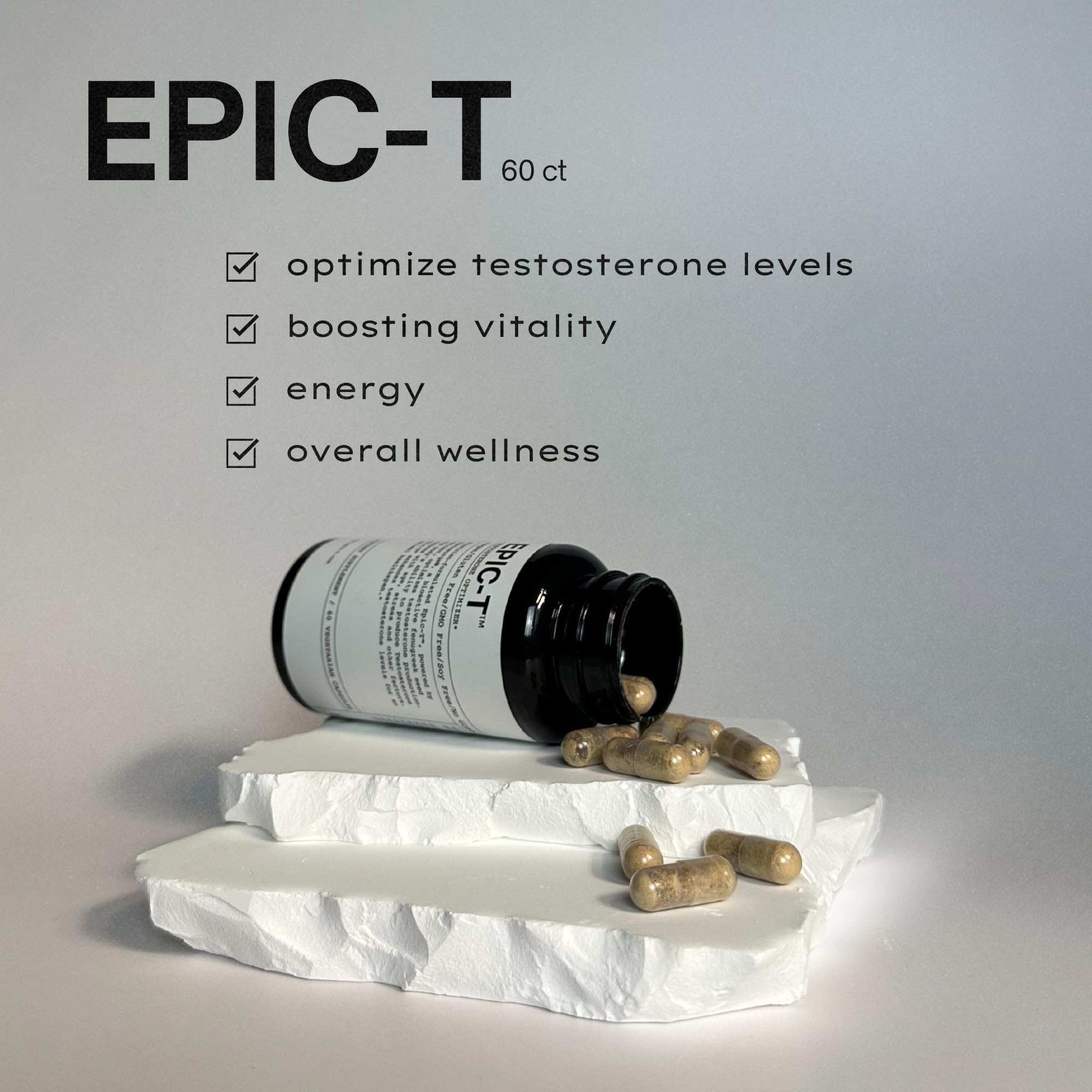 EPIC-T formula label close-up highlights Testosurge and vegan sourcing