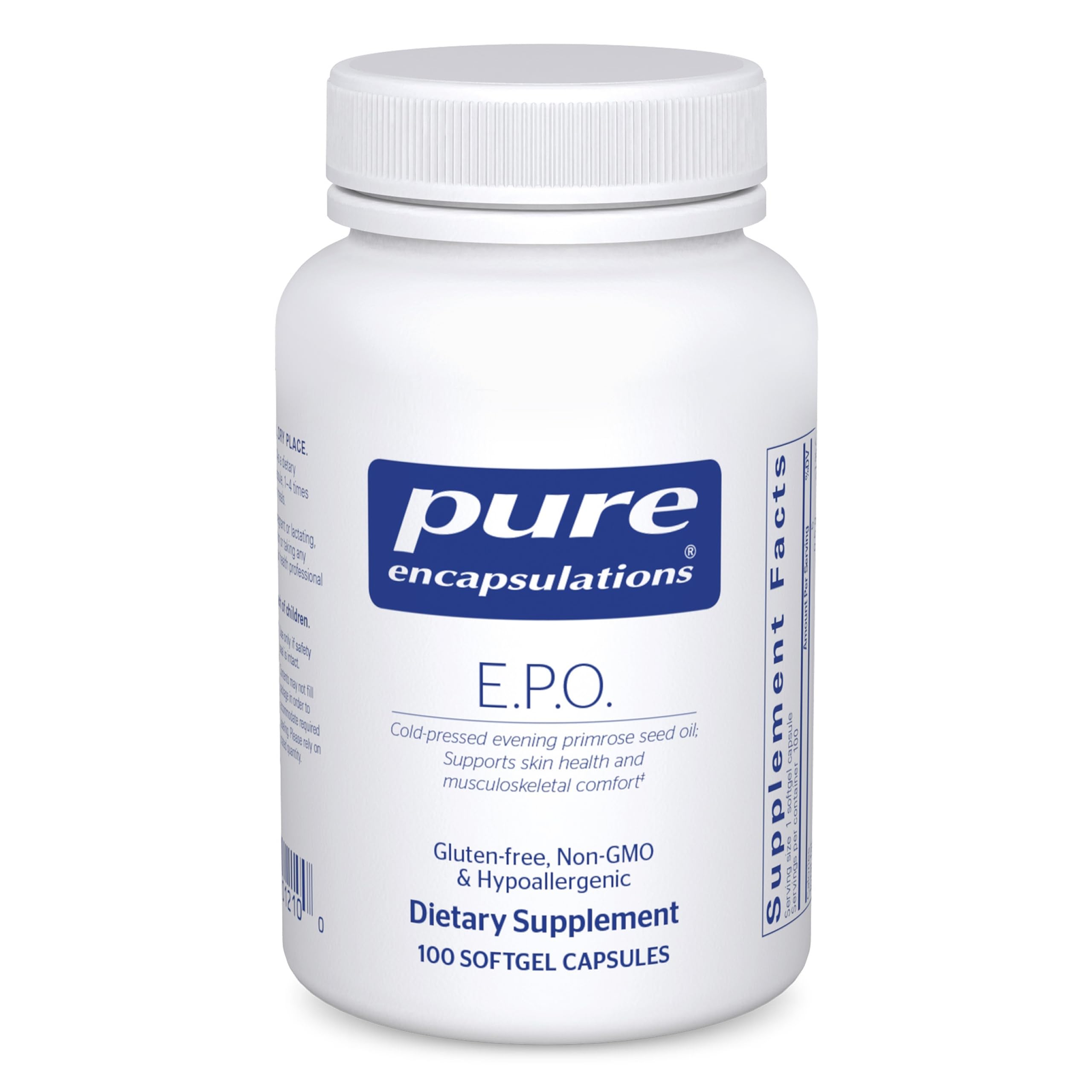 Front label of Pure Encapsulations E.P.O. Evening Primrose Oil bottle