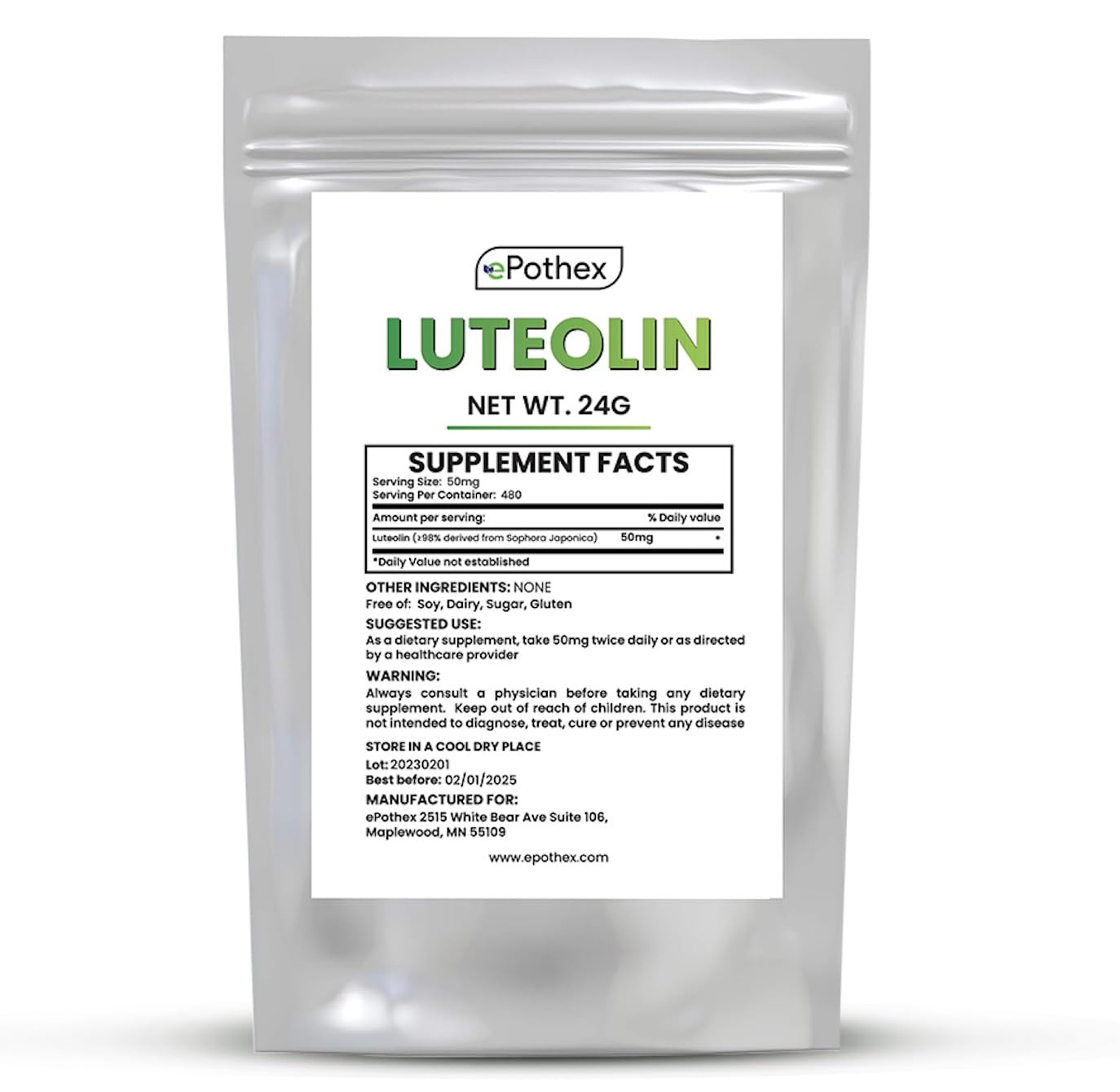 Packaging of ePothex Pure Luteolin Powder 24 g