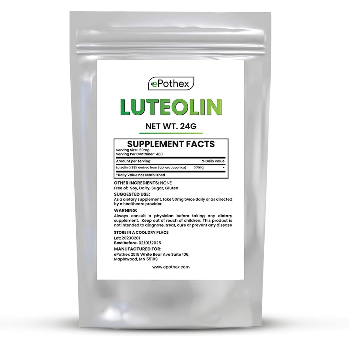 Packaging of ePothex Pure Luteolin Powder 24 g