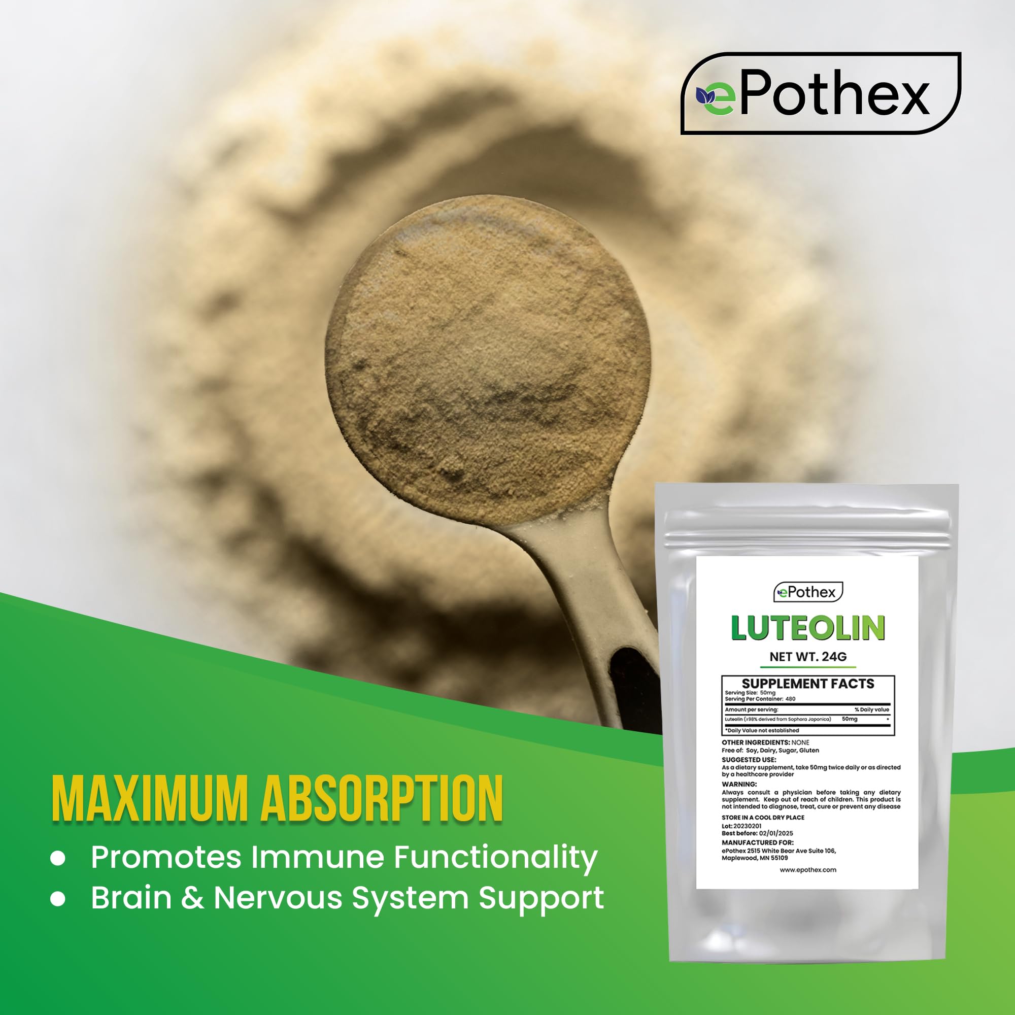 Label on ePothex Pure Luteolin Powder bottle showing purity