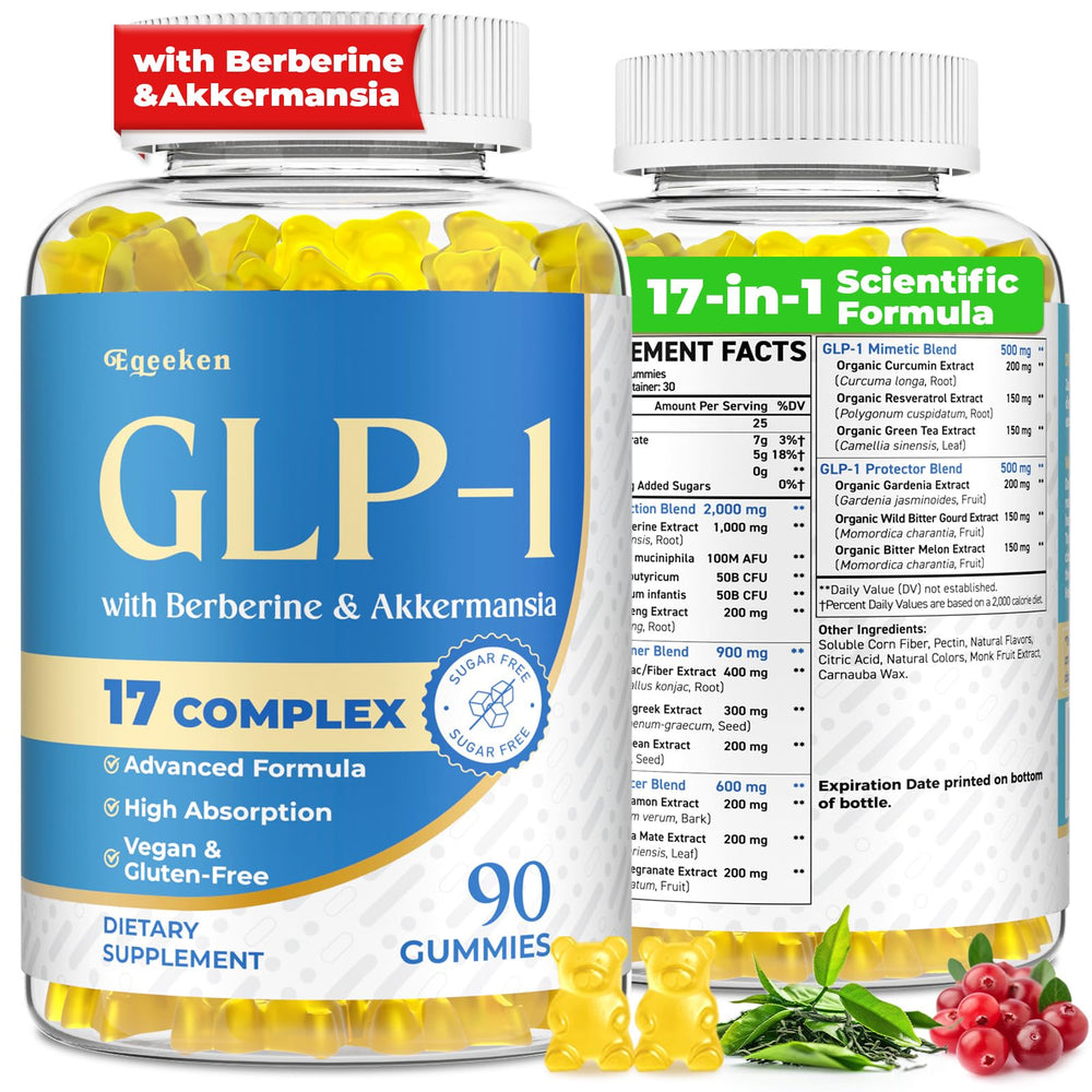 Eqeeken GLP-1 Gummies bottle front shows vibrant packaging for on-the-go metabolic support