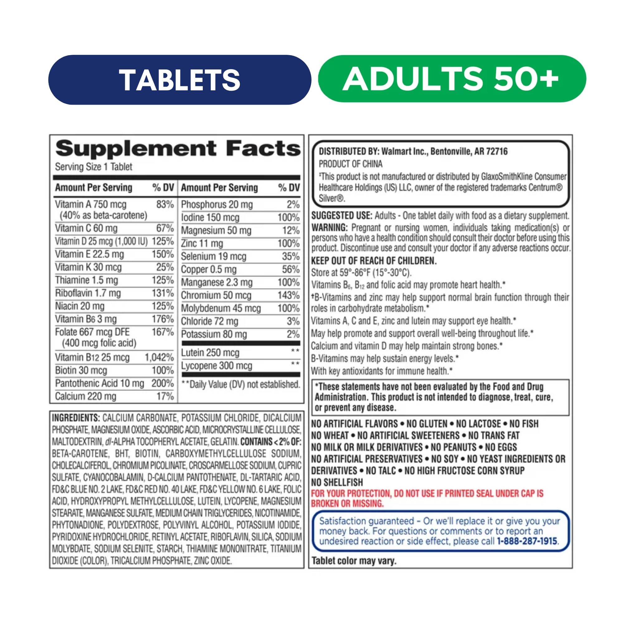 Nutrition facts panel for Equate 50+ multivitamin - 125 tablets