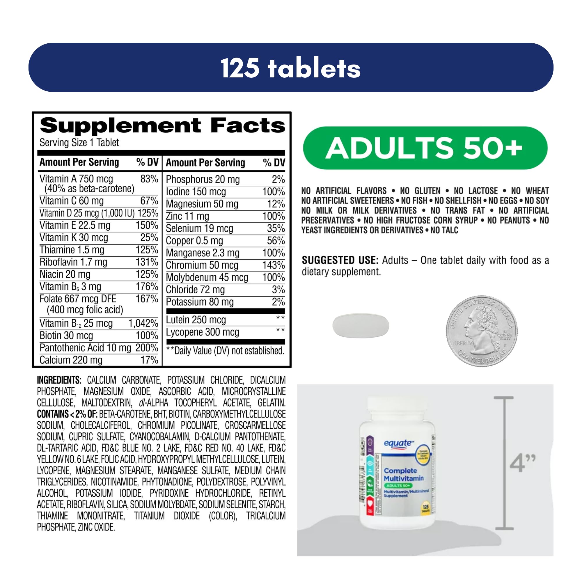 Retail packaging of Equate 50+ One Daily Multivitamin with 125 pills (pack of 1)