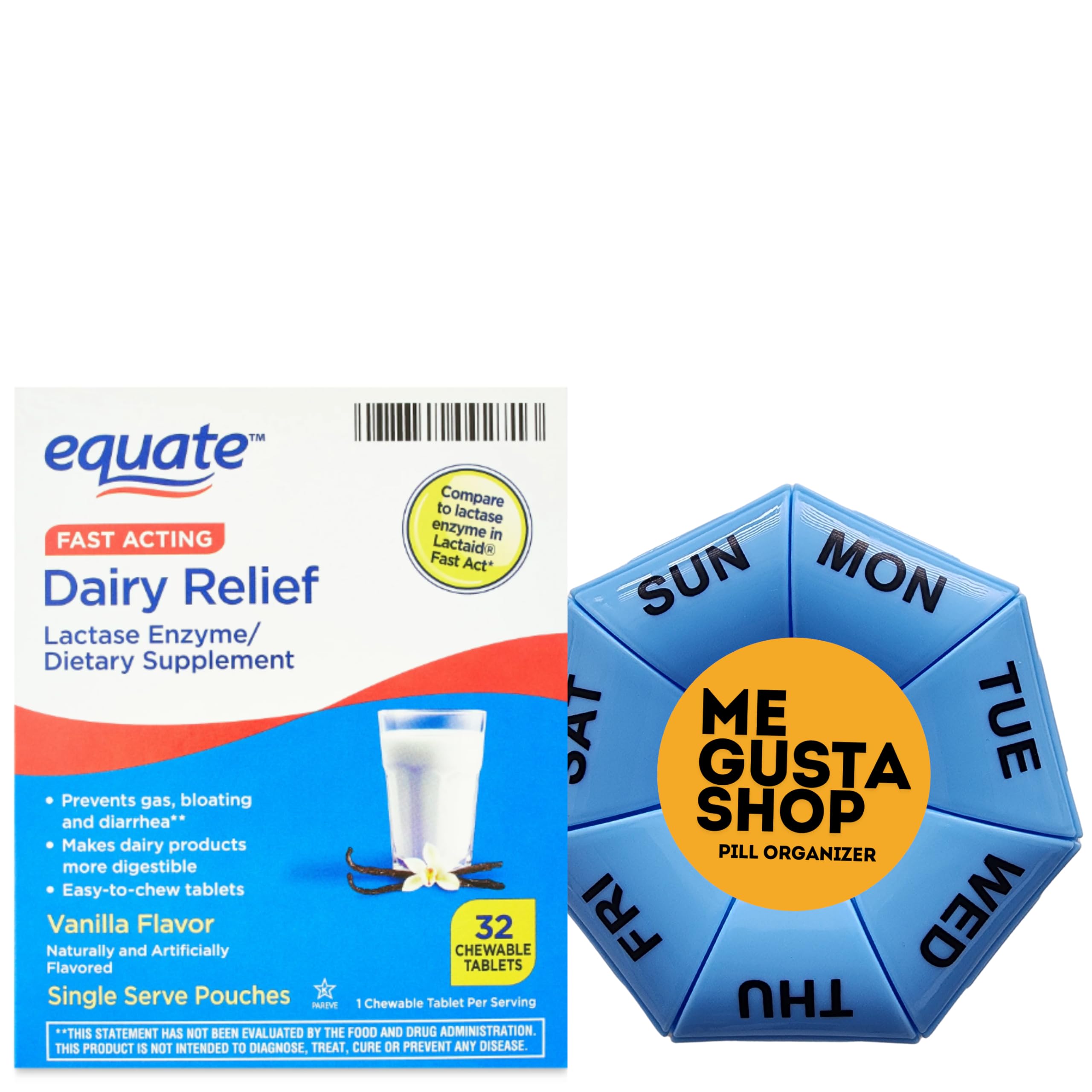 Equate dairy relief lactase enzyme vanilla chewables with pill organizer – product shot