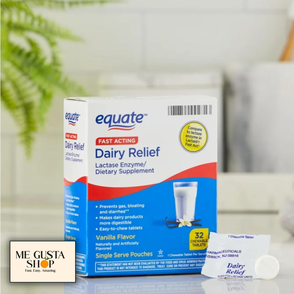 Front view of Equate vanilla lactase enzyme chewable tablets