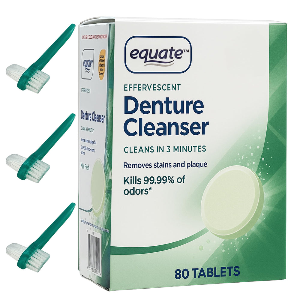 Equate denture cleanser and three individually wrapped denture brushes bundle