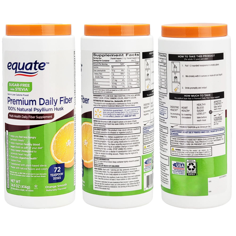 Equate Psyllium Husk sugar-free with Stevia 14 oz orange flavor bottle - image 2