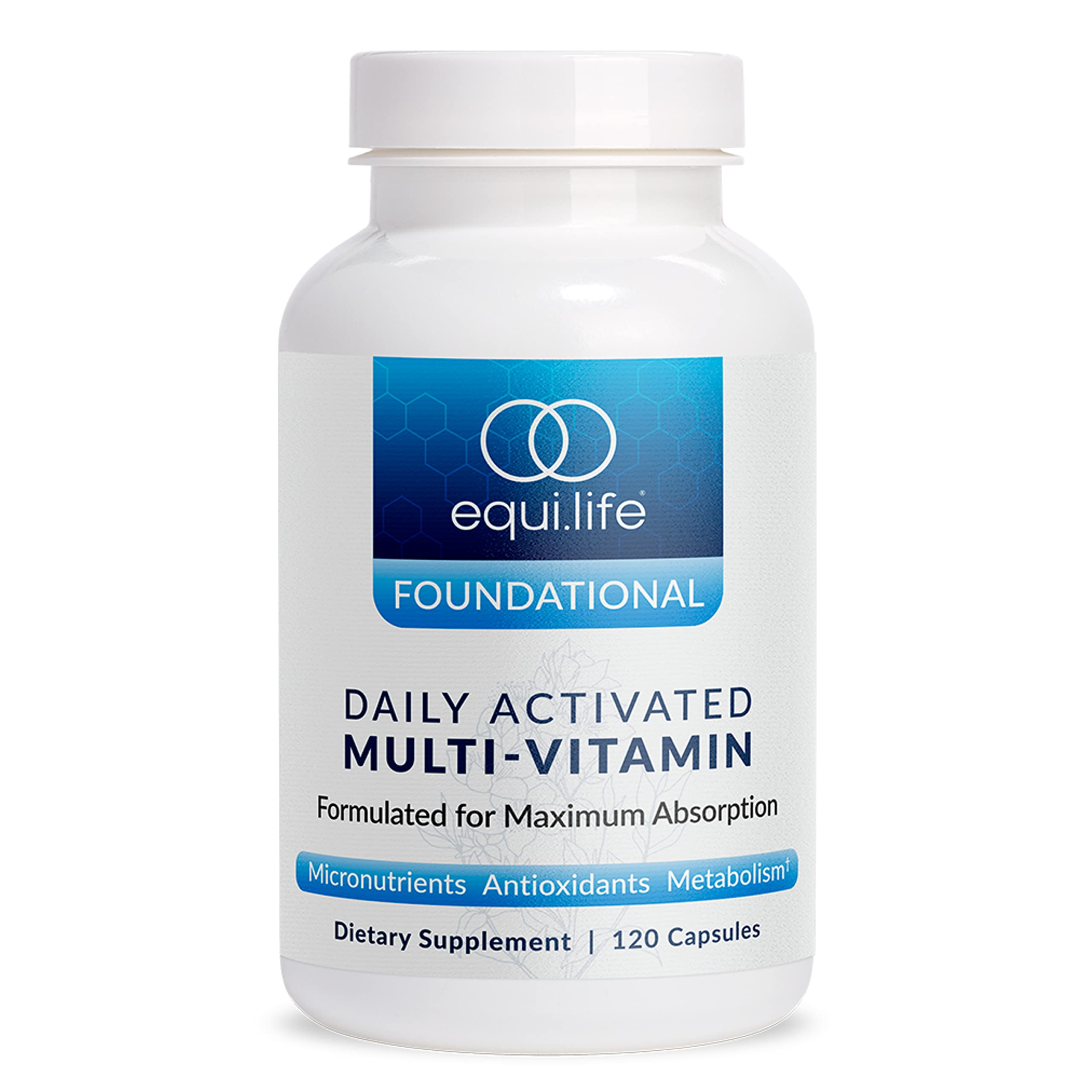 Front view of Equilife Daily Activated Multivitamin bottle