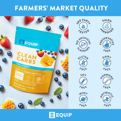 Equip Foods Clean Carbs fruit collection shows antioxidant-rich carb sources.