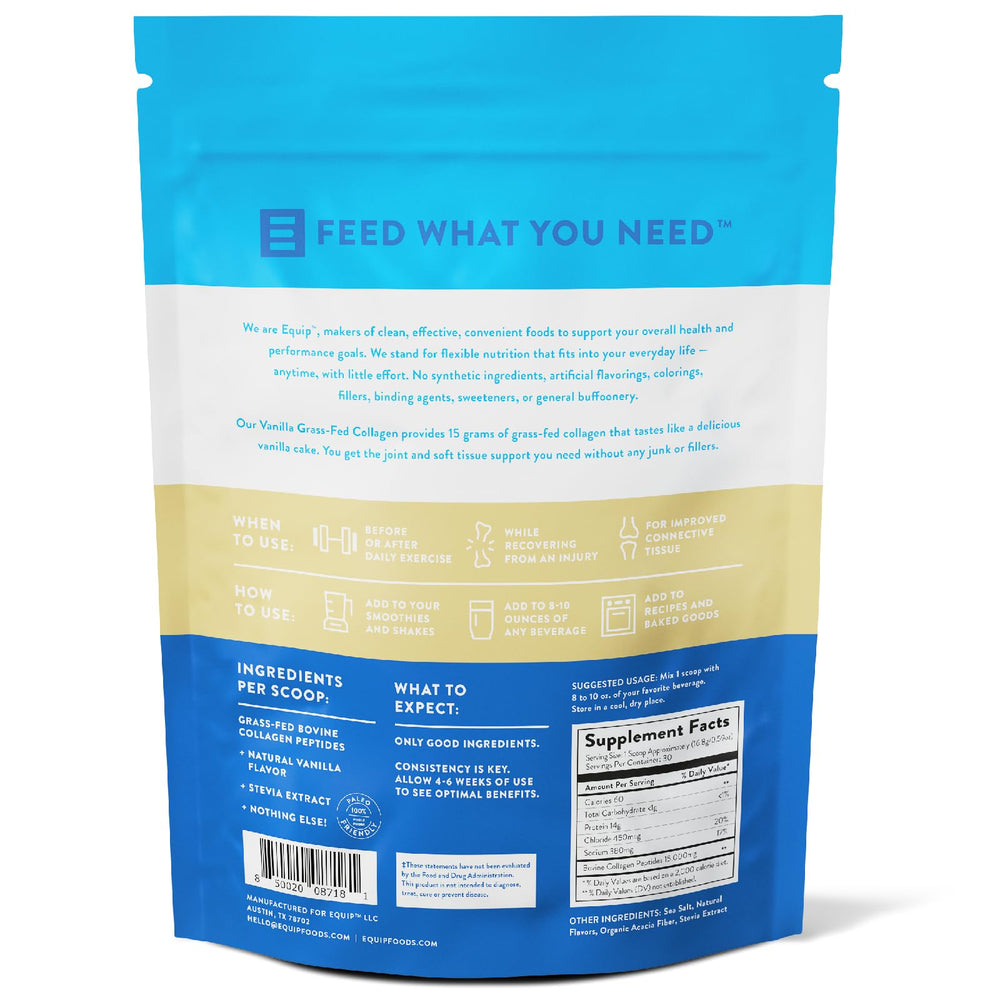 Nutrition facts panel for Equip Foods Grass-Fed Collagen Powder Vanilla