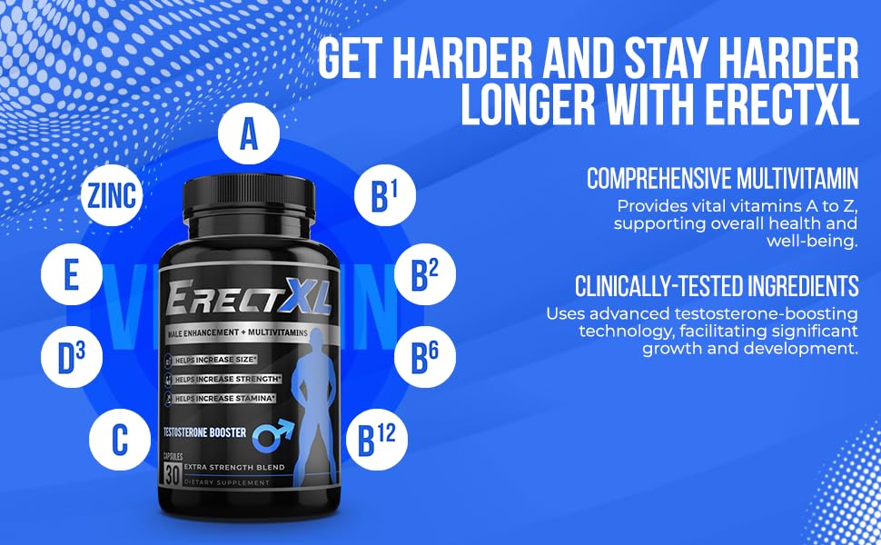 Close-up of ERECTXL ingredients including Goat Weed, Maca Root and L-Arginine