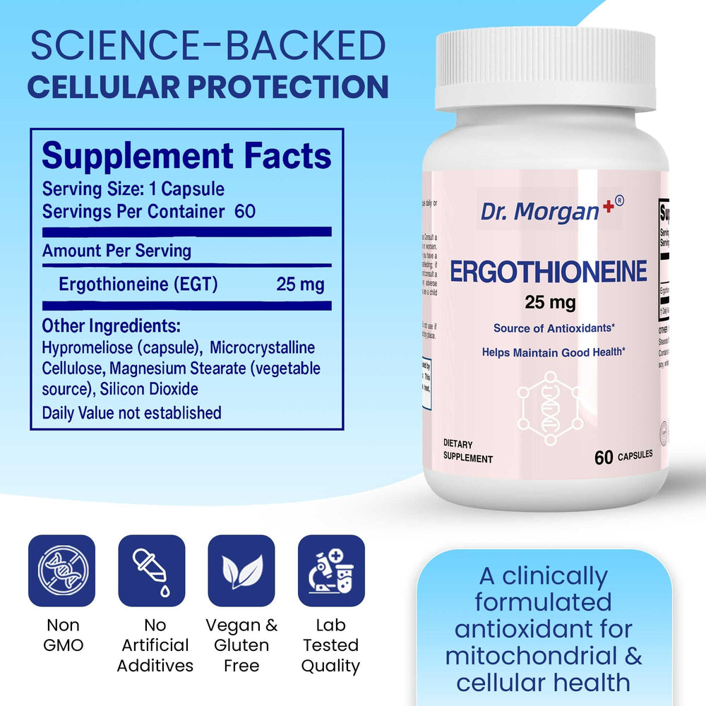 Close-up of ergothioneine bottle with 60 capsules