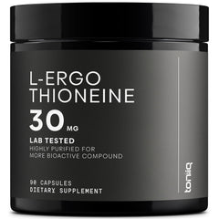 Product bottle and label highlighting Ergothioneine with MitoPrime 30mg, 98% purity, 90 capsules