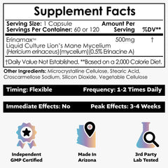 Bottle of Erinamax Lion's Mane 500mg capsules (60 count) showing Erinacine A note