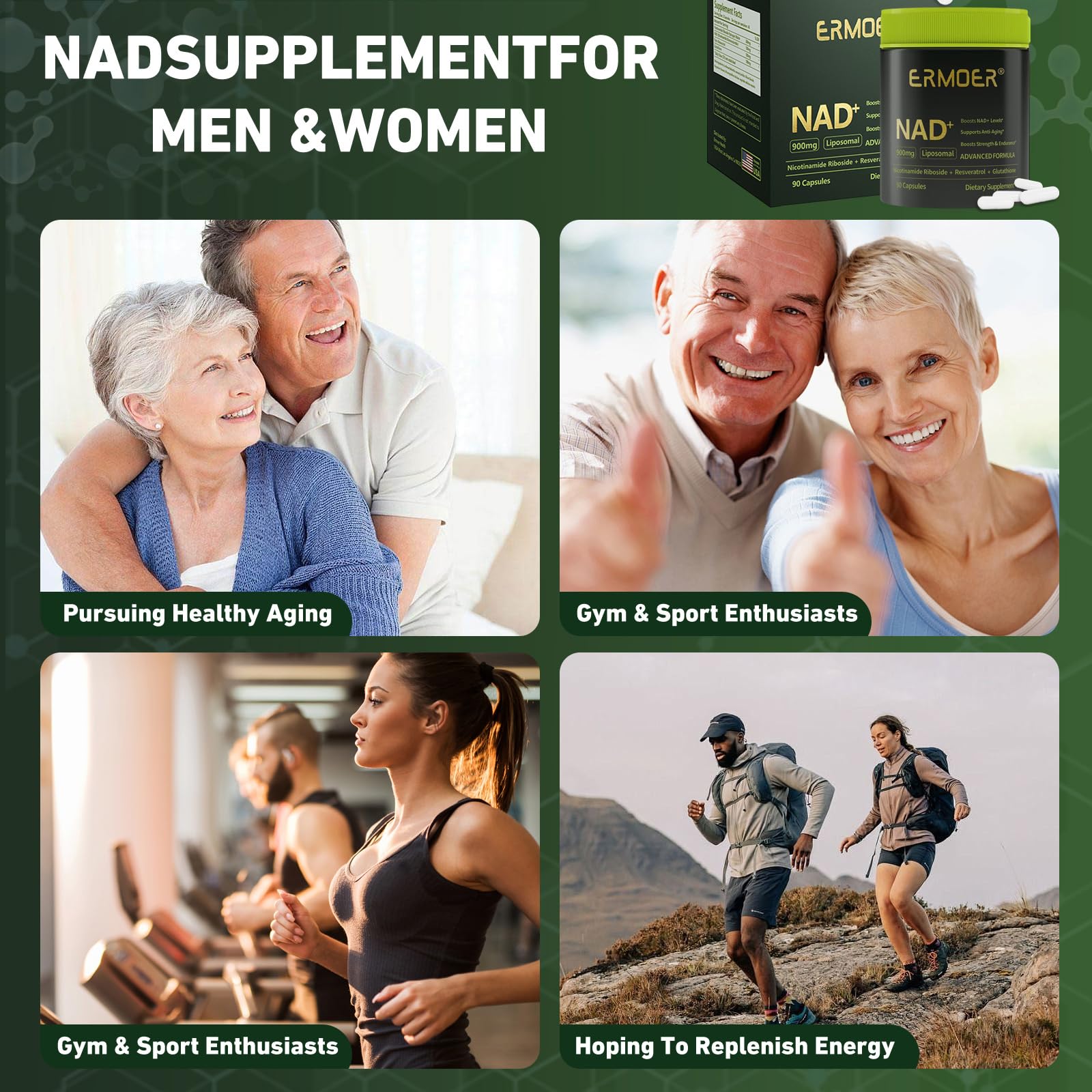 Illustration of anti-aging, energy and focus benefits