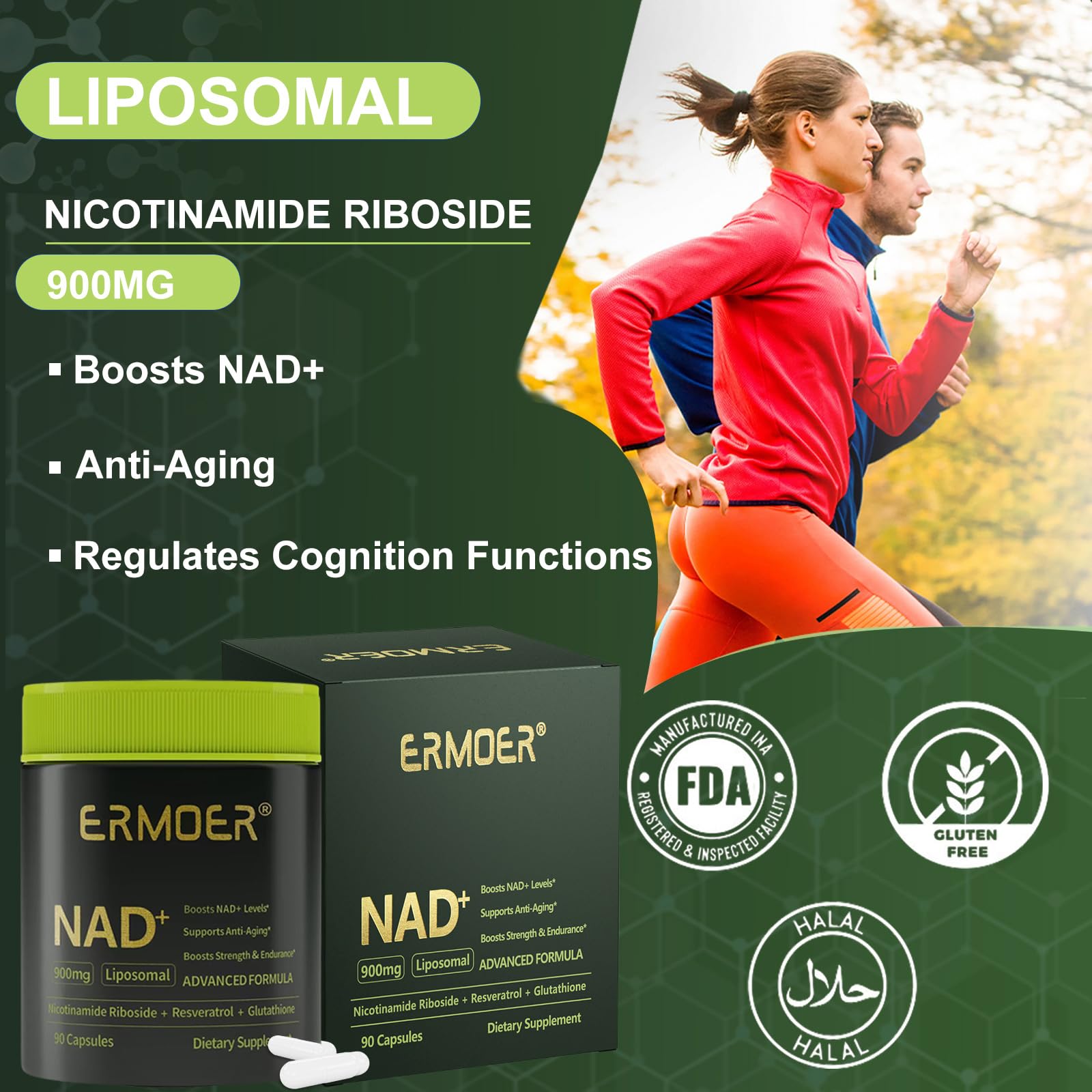 Ingredient panel showing resveratrol and quercetin with NR