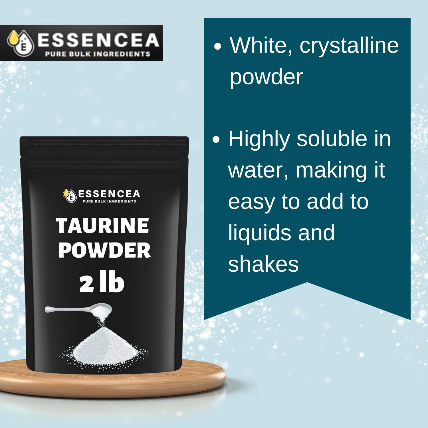 Taurine powder in resealable pouch by Essencea Pure Bulk Ingredients