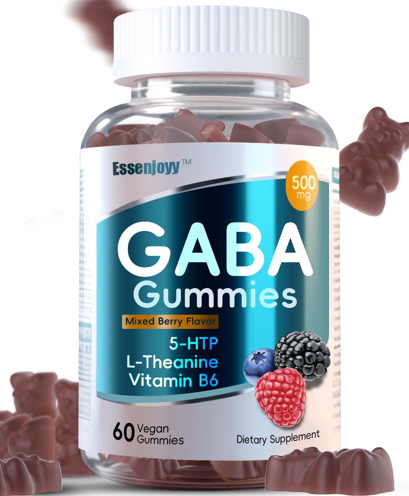 Bottle of ESSENJOYY Liposomal GABA Gummies mixed berry flavor