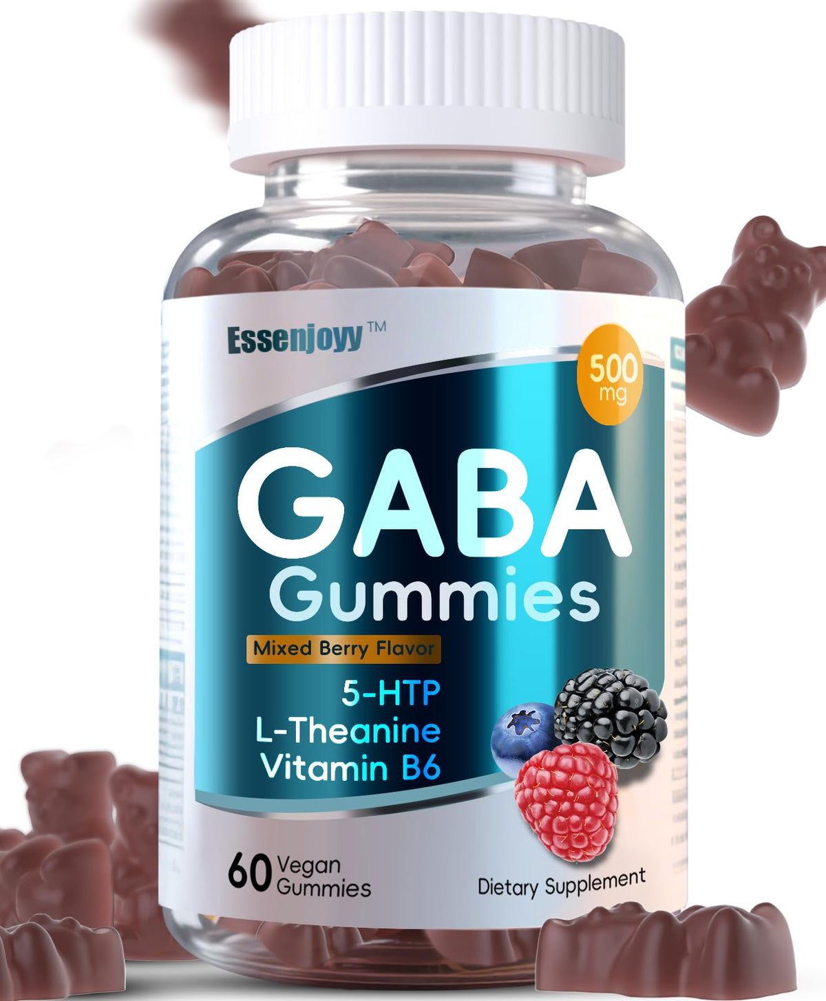 Bottle of ESSENJOYY Liposomal GABA Gummies mixed berry flavor