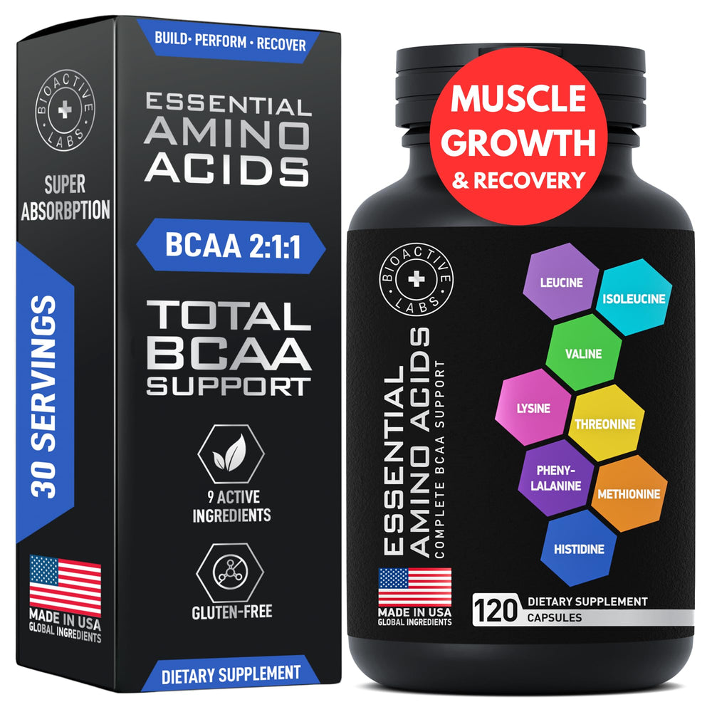 Bottle of Essential Amino Acids supplement for athletes