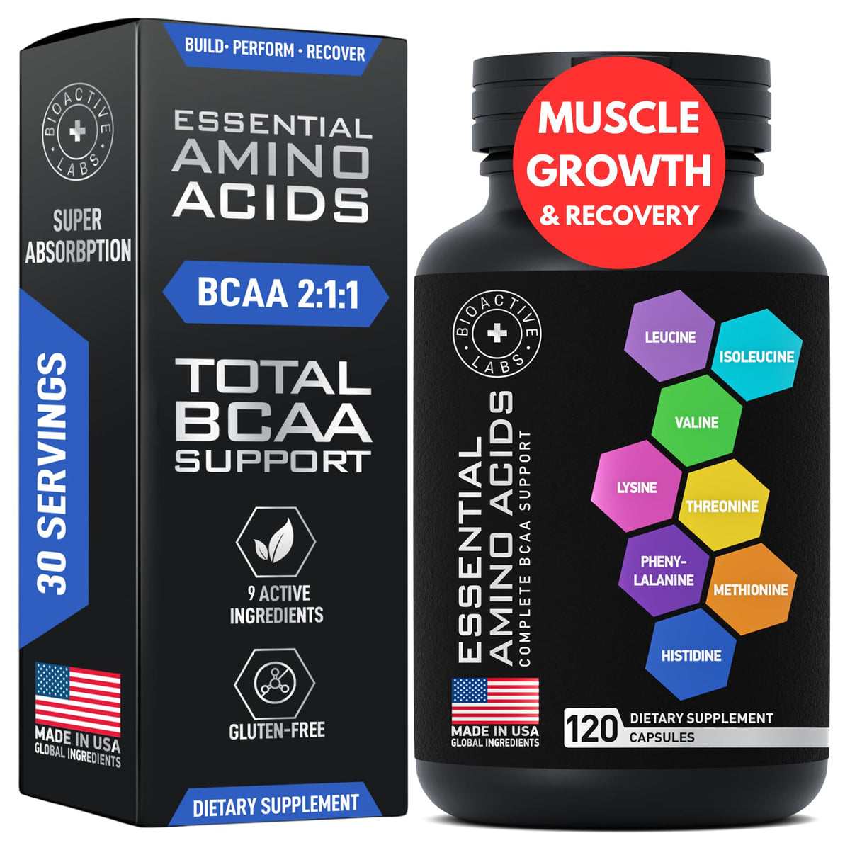 Bottle of Essential Amino Acids supplement for athletes