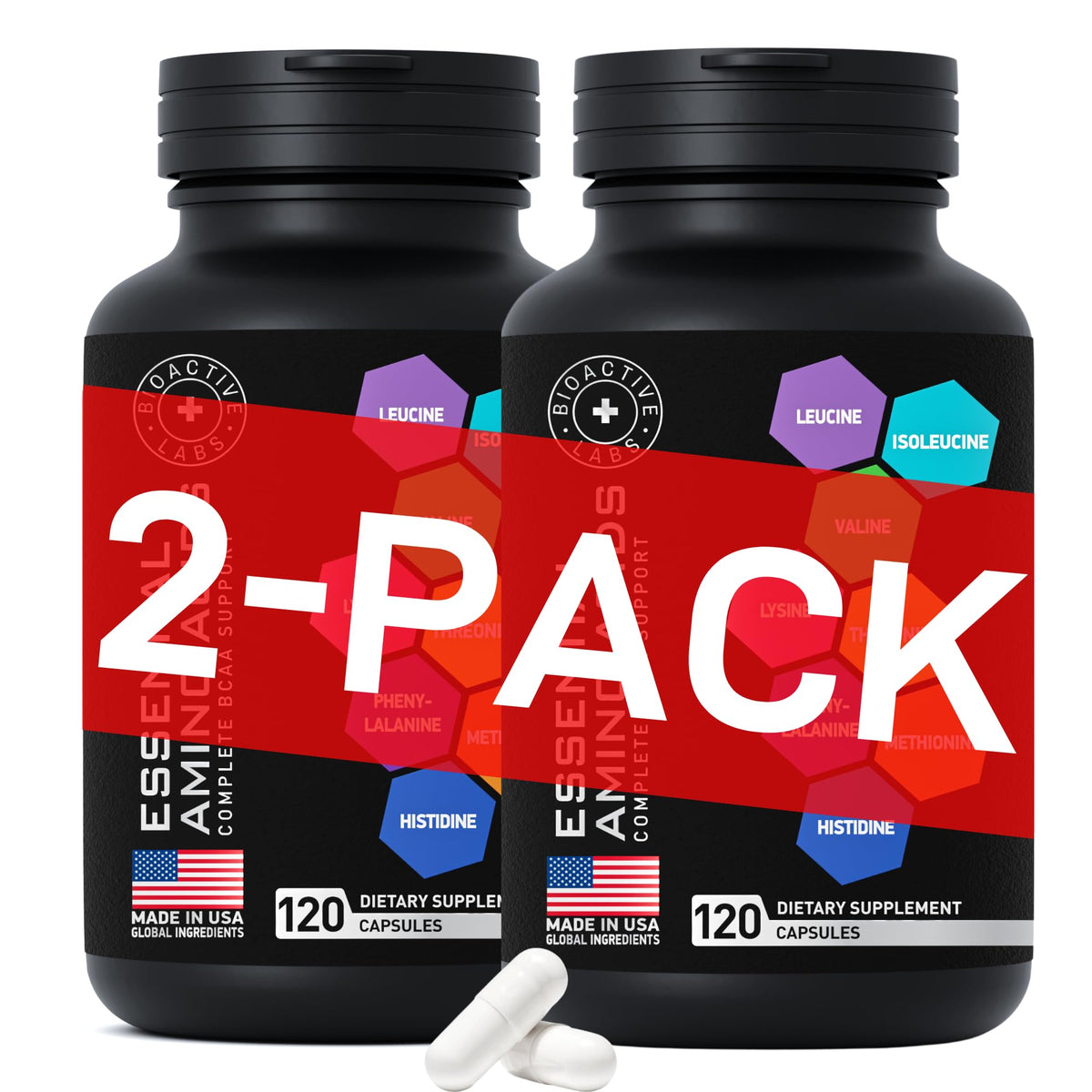 Bottle of Essential Amino Acids Complex vegan BCAA and EAA supplement