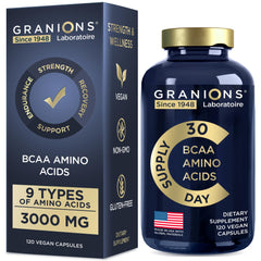 Essential amino acids supplement bottle front view with 120 vegan capsules