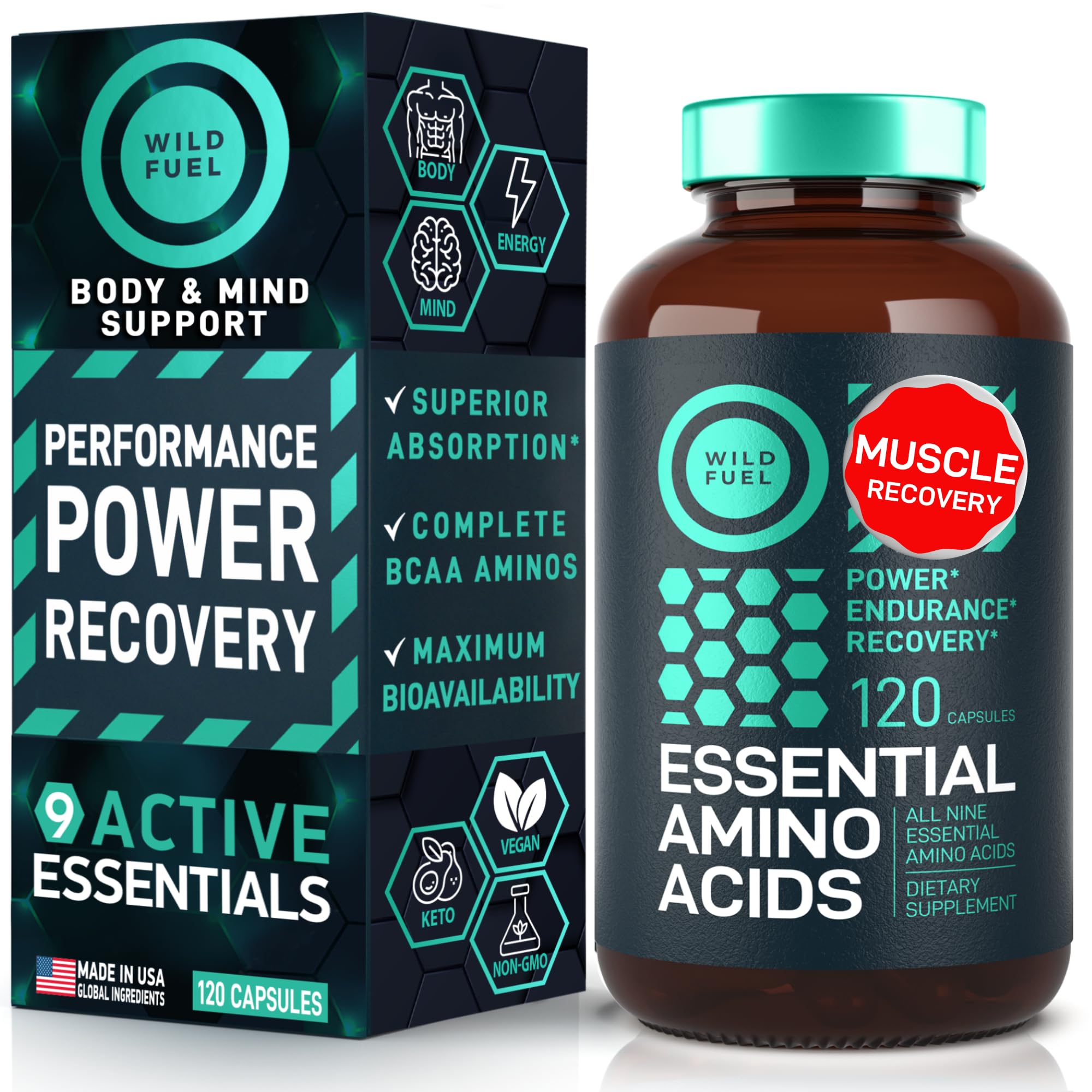 Bottle of Essential Amino Acids supplement with BCAAs and EAAs